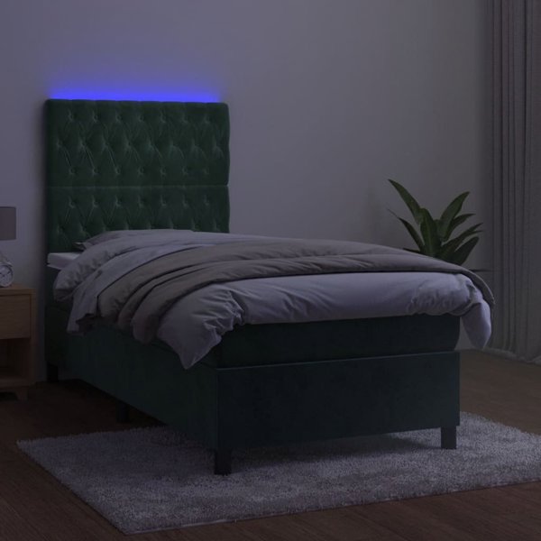 vidaXL Κρεβάτι κοντινεντάλ με στρώμα και LED 90x200cm πράσινο βελούδο