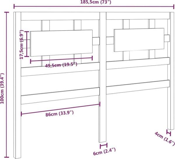 vidaXL Wezglowie lozka, czarne, 185,5x4x100 cm, lite drewno sosnowe