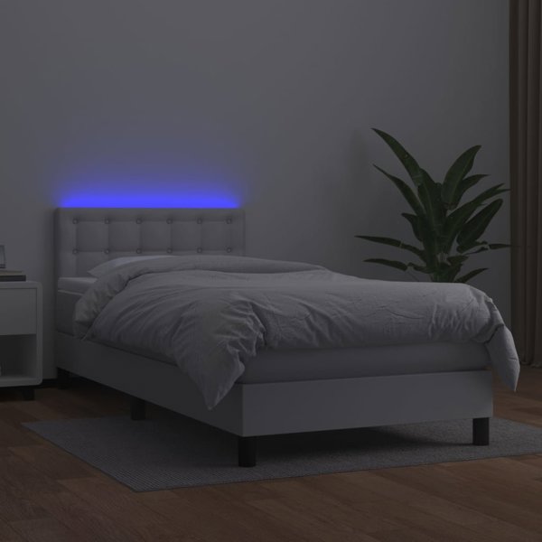 vidaXL Κρεβάτι κοντινένταλ με στρώμα και LED, λευκή οικολογική δερματίνη 90x200 εκ