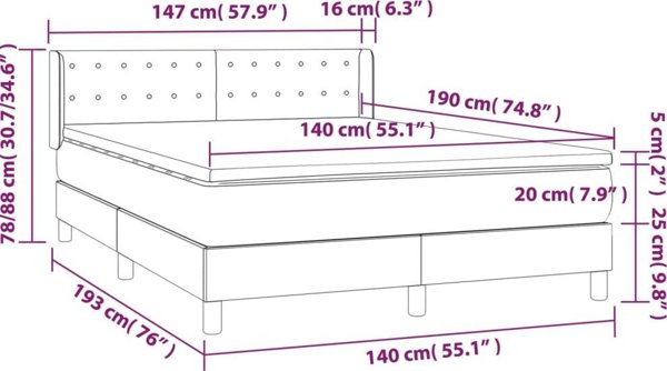 vidaXL Κρεβάτι Continental με Στρώμα, Μπλε, Βελούδο, 140x190cm