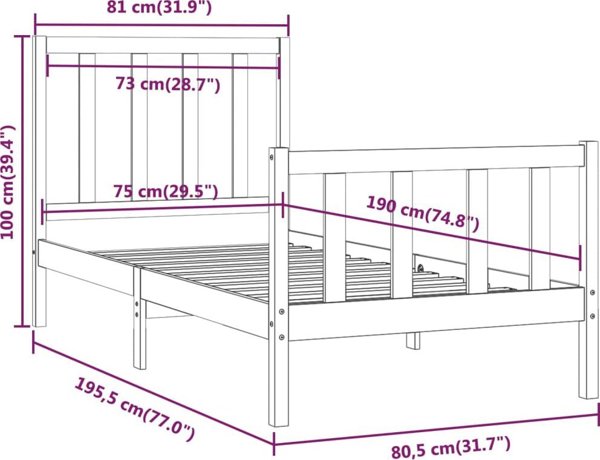 vidaXL Μονό κρεβάτι από μαύρο μασίφ ξύλο, 75x190 cm