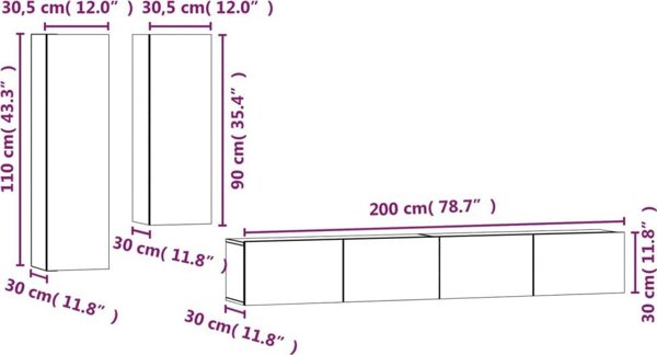 vidaXL Σετ 4 ντουλαπιών TV, γκρι τσιμέντου