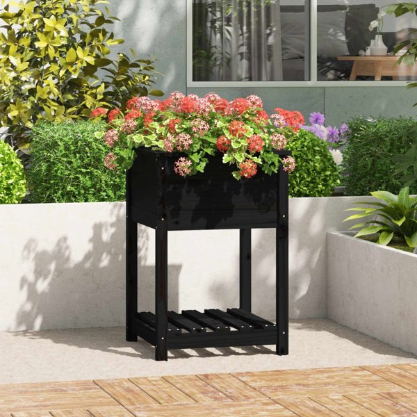 vidaXL Donica με ράφι, μαύρη, 54x54x81 εκ., μασίφ πεύκο