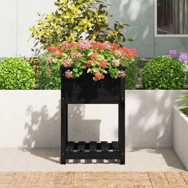 vidaXL Donica με ράφι, μαύρη, 54x54x81 εκ., μασίφ πεύκο
