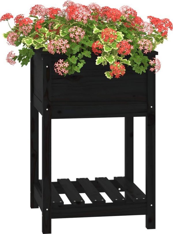 vidaXL Donica με ράφι, μαύρη, 54x54x81 εκ., μασίφ πεύκο