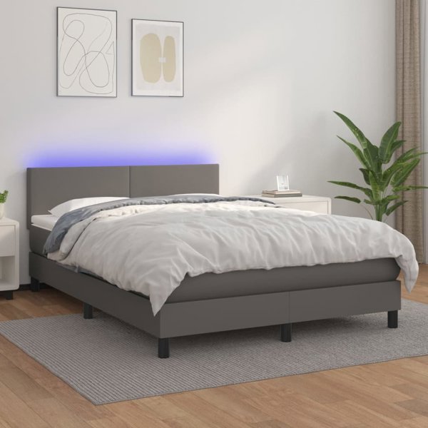 vidaXL Κρεβάτι κοντινεντάλ με στρώμα και LED, γκρι οικολογικό δέρμα 140x190 εκ
