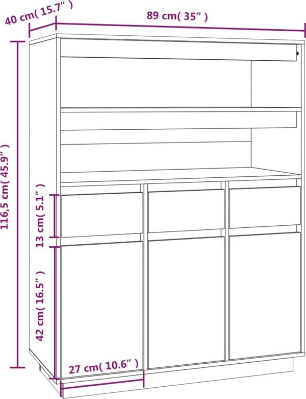 vidaXL Μπουφές, μελιτζανί, 89x40x116,5 εκ., κατασκευασμένος από συμπαγές πεύκο