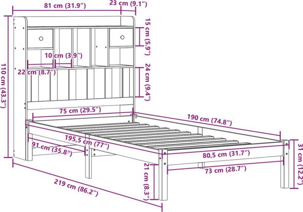 vidaXL Κρεβάτι με ράφια από ξύλο πεύκου 75x190 cm χωρίς στρώμα