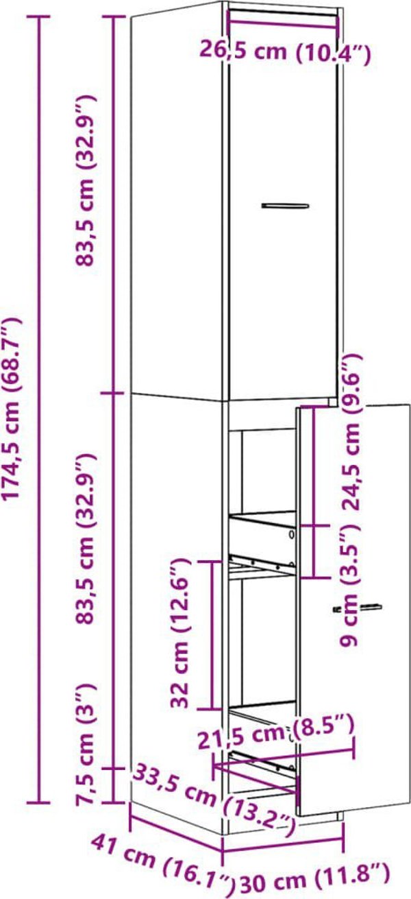 vidaXL Φαρμακείο καφέ δρυς 30x41x174,5 εκ.
