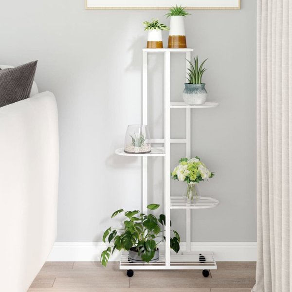 vidaXL Ανθοστήλη με 5 ράφια και ρόδες 44x23x100 εκ. λευκή σιδερένια