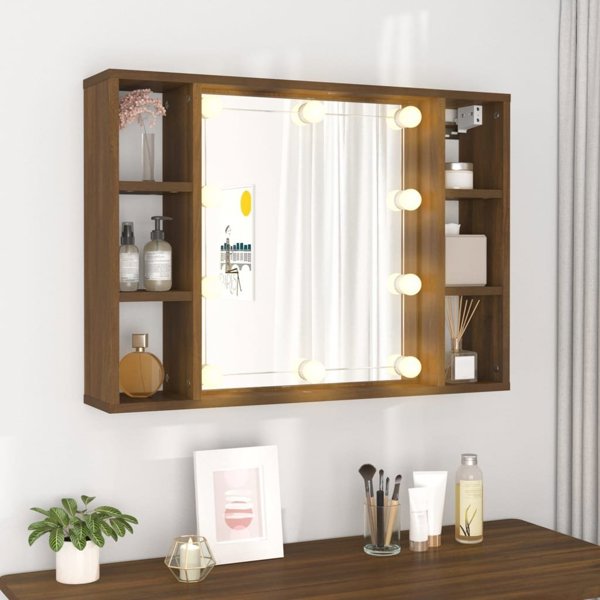 vidaXL Szafka z lustrem i LED, brazowy dab, 76x15x55 cm