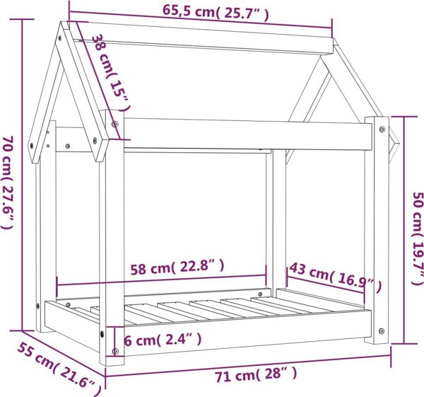 vidaXL Κρεβάτι για σκύλο, μελιτζανί, 71x55x70 εκ., από συμπαγές πεύκο