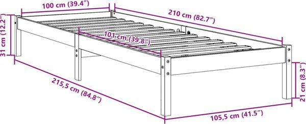 vidaXL Dluzsze lozko bez materaca, 100x210 cm, lite drewno sosnowe