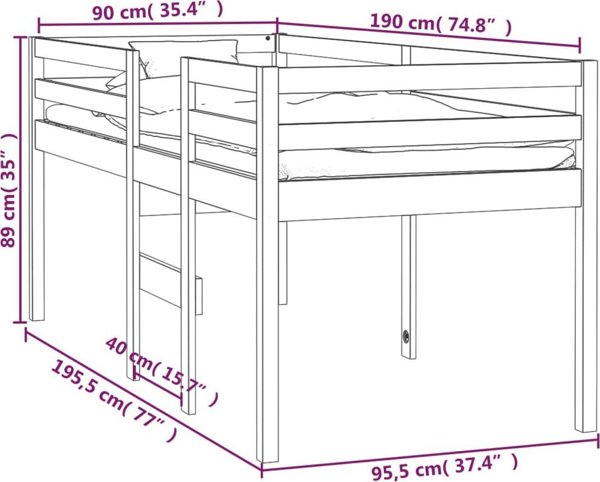vidaXL Wysokie lozko, biale, 90x190 cm, lite drewno sosnowe