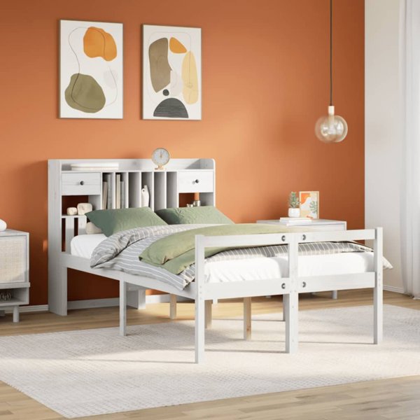 vidaXL Κρεβάτι με ράφι χωρίς στρώμα λευκό 135x190 cm πεύκο