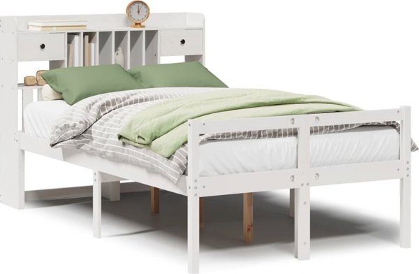 vidaXL Κρεβάτι με ράφι χωρίς στρώμα λευκό 135x190 cm πεύκο