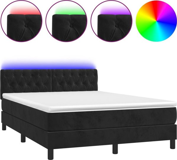 vidaXL Κρεβάτι κοντινεντάλ με στρώμα και φωτισμό LED, μαύρο βελούδο 140x200 εκ.