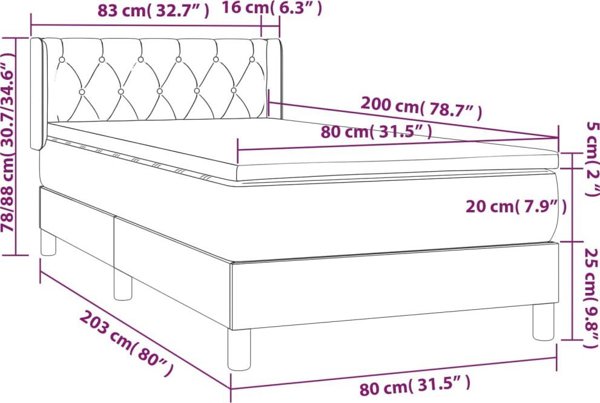 vidaXL Κρεβάτι τύπου continental με στρώμα 80x200 cm, ανοιχτό γκρι, βελούδο