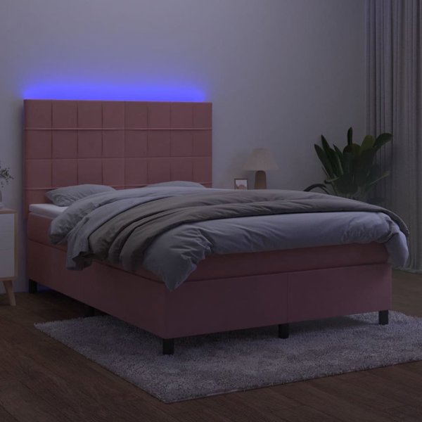 vidaXL Κρεβάτι κοντινεντάλε με στρώμα και LED, ροζ βελούδο, 140x200 εκ.