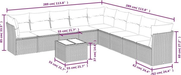 vidaXL Σετ Επίπλων Κήπου 10 Τεμαχίων, Πολυρατάν με Μαξιλάρια, Καφέ