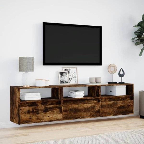 vidaXL Επιτοίχια ντουλάπα τηλεόρασης με LED, καπνιστή δρυς, 180x31x45 εκ.