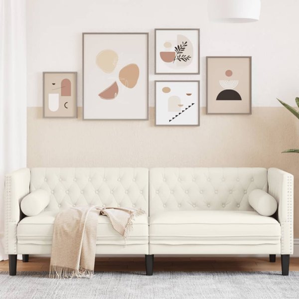 vidaXL Καναπές Chesterfield με κυλίνδρους, τριθέσιος, κρεμ, βελούδο