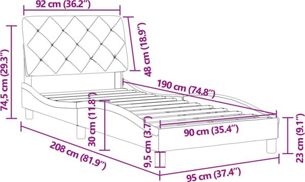vidaXL Rama κρεβατιού με κεφαλάρι, μαύρη, 90x190 εκ., βελούδινη