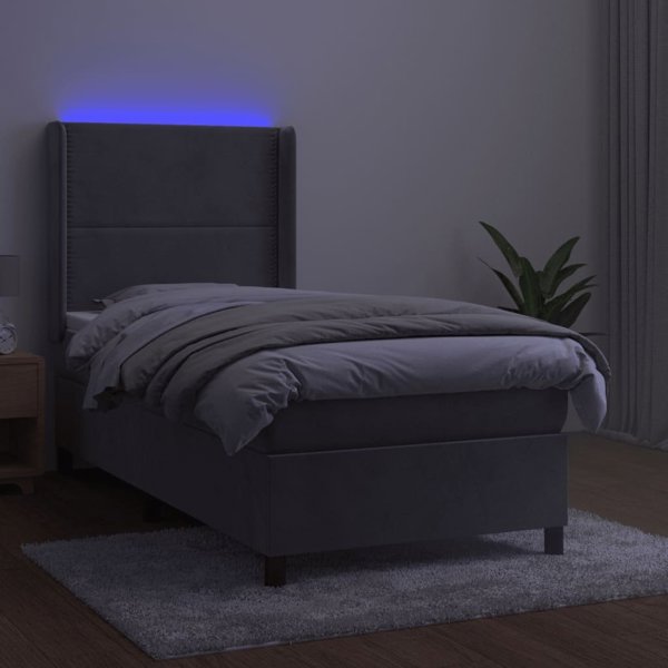 vidaXL Κρεβάτι Continental με στρώμα και LED, γκρι, 100x200 εκ, βελούδο