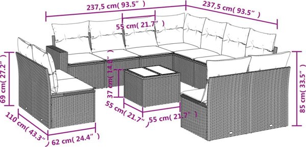 vidaXL 12-cz. zestaw mebli ogrodowych, z poduszkami, jasnoszary