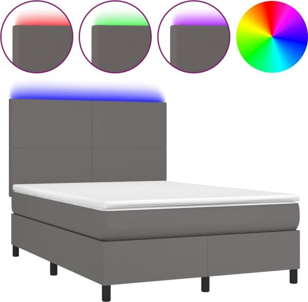 vidaXL Lozko kontynentalne z materacem i LED, szara ekoskora 140x190 cm