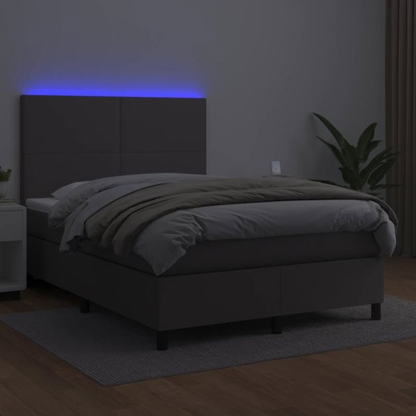 vidaXL Lozko kontynentalne z materacem i LED, szara ekoskora 140x190 cm