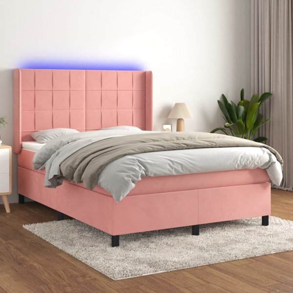 vidaXL Κοντινεντάλ κρεβάτι με στρώμα και LED, ροζ βελούδο 140x190cm