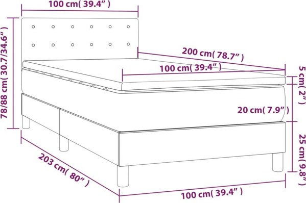 vidaXL Λευκό κρεβάτι κοντινεντάλ με στρώμα, μαύρο, ύφασμα 100x200 cm