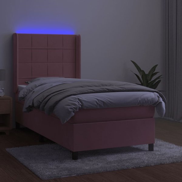 vidaXL Κρεβάτι Continental με στρώμα και LED, ροζ βελούδο 90x190 εκ.