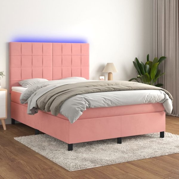 vidaXL Lozko kontynentalne z materacem i LED, rozowy aksamit 140x190cm