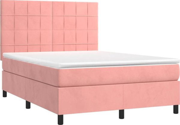 vidaXL Lozko kontynentalne z materacem i LED, rozowy aksamit 140x190cm