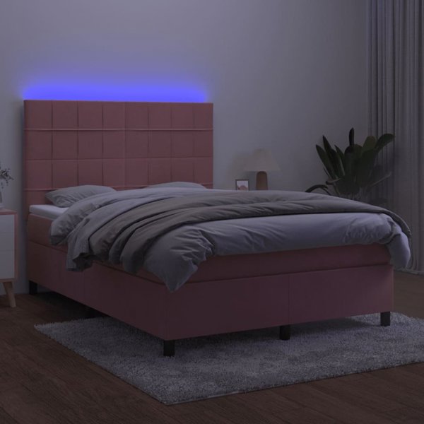 vidaXL Lozko kontynentalne z materacem i LED, rozowy aksamit 140x190cm