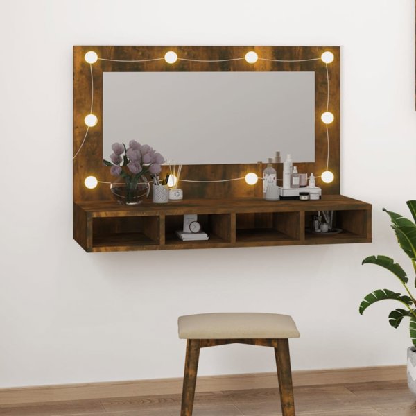vidaXL Ντουλάπι με καθρέφτη και LED, καπνιστή δρυς, 90x31,5x62 cm