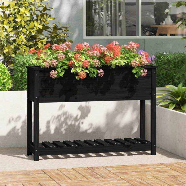 vidaXL Γλάστρα με ράφι, μαύρη, 111,5x34,5x81 cm, μασίφ πεύκο
