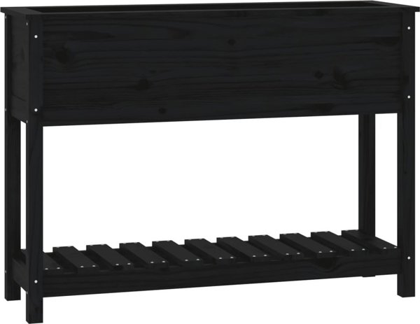 vidaXL Γλάστρα με ράφι, μαύρη, 111,5x34,5x81 cm, μασίφ πεύκο