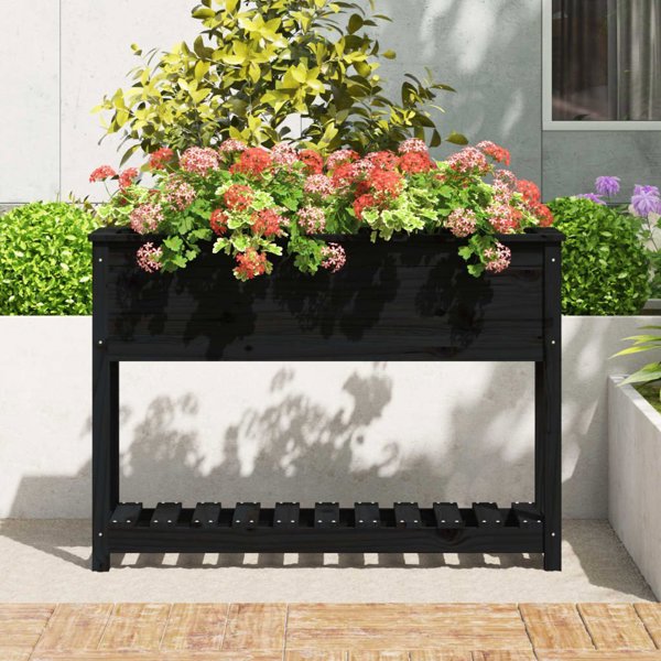 vidaXL Γλάστρα με ράφι, μαύρη, 111,5x34,5x81 cm, μασίφ πεύκο