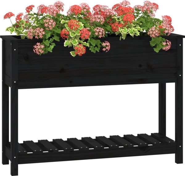 vidaXL Γλάστρα με ράφι, μαύρη, 111,5x34,5x81 cm, μασίφ πεύκο
