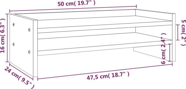 vidaXL vidaXL Podstawka na monitor, szara, 50x24x16 cm, lite drewno sosnowe