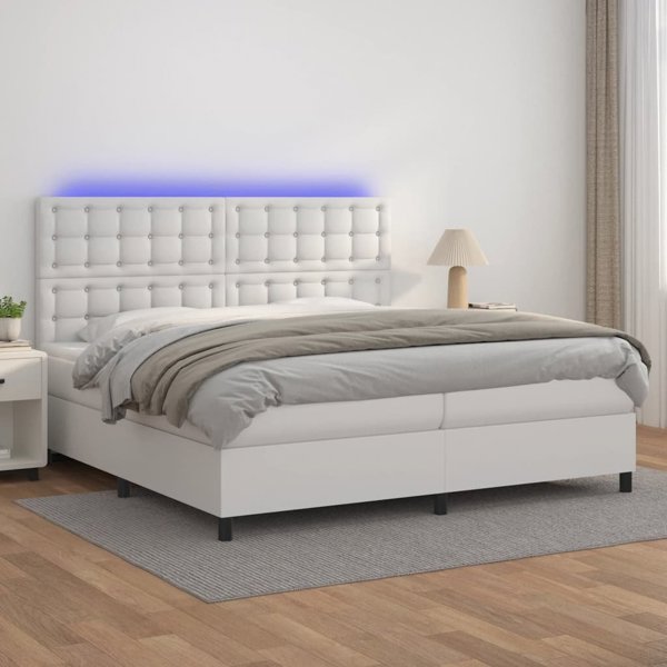 vidaXL Κρεβάτι κοντινεντάλ με στρώμα και LED, λευκή οικοδερματίνη 200x200cm