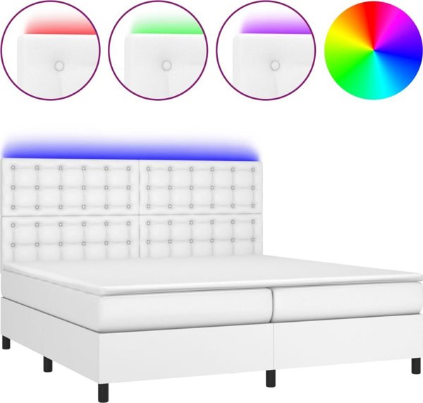 vidaXL Κρεβάτι κοντινεντάλ με στρώμα και LED, λευκή οικοδερματίνη 200x200cm