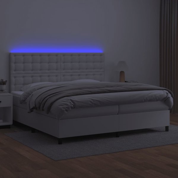 vidaXL Κρεβάτι κοντινεντάλ με στρώμα και LED, λευκή οικοδερματίνη 200x200cm