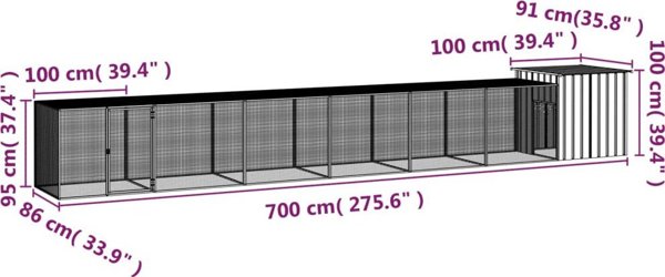 vidaXL Κλούβα για κοτόπουλα, ανθρακί, 700x91x100 cm, ατσάλι