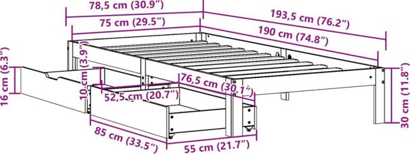 vidaXL Κορνίζα Κρεβατιού με Συρτάρια, 75x190 cm, από Μασίφ Πεύκο