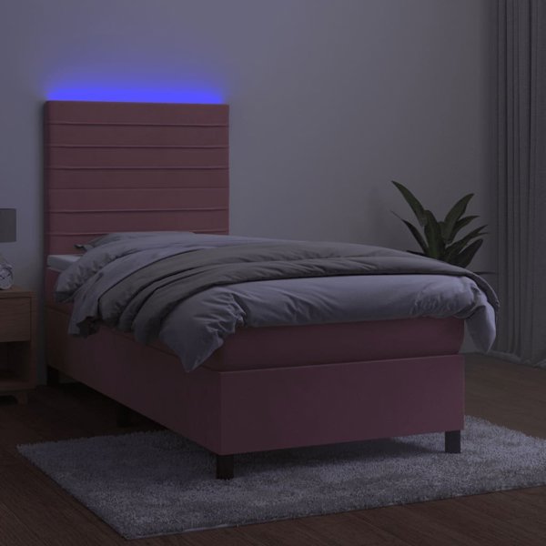 vidaXL Κρεβάτι κοντινεντάλ με στρώμα και LED, ροζ βελούδο, 90x200 cm