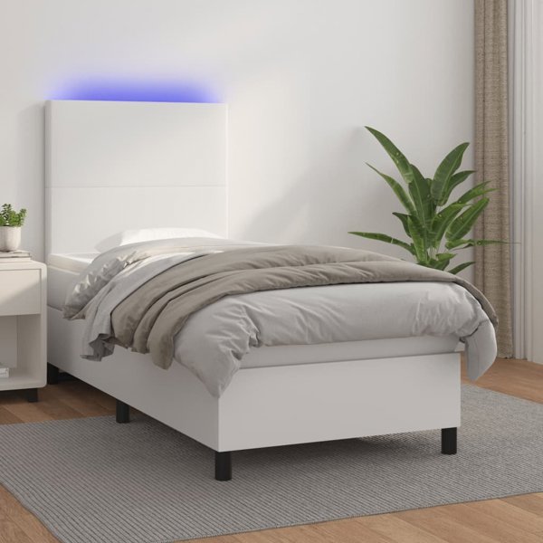 vidaXL Κρεβάτι Continental με στρώμα και LED, λευκό οικολογικό δέρμα 90x190 cm